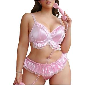 OYOANGLE Women's Plus Size 2 Piece Satin Lingerie Set Ruffle Underwire Bra and Frilly Panties Sets 3xl