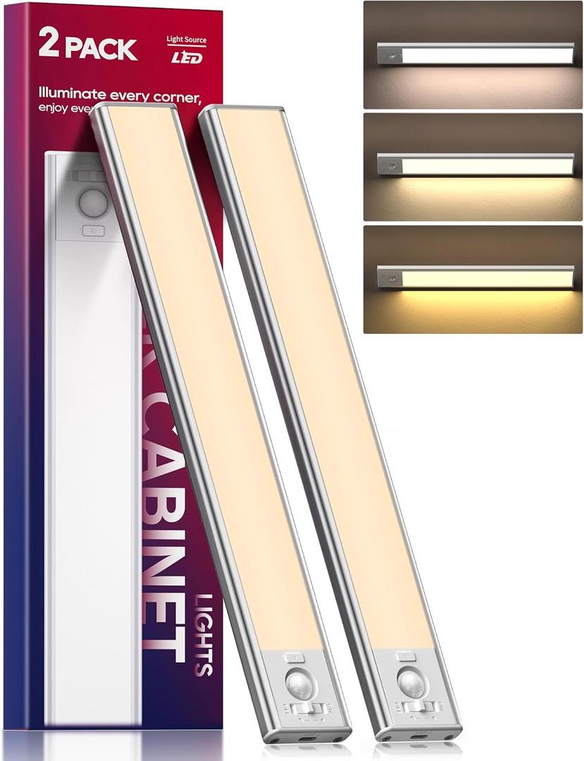 Under Cabinet Lighting, 2 Pack 13 Inch 3 Color Temperatures Motion Sensor Light indoor, USB Rechargeable Under Cabinet Lights, Stick-On Magnetic Closet Light, Wireless Under Counter Lights for Kitchen, Warm Light 