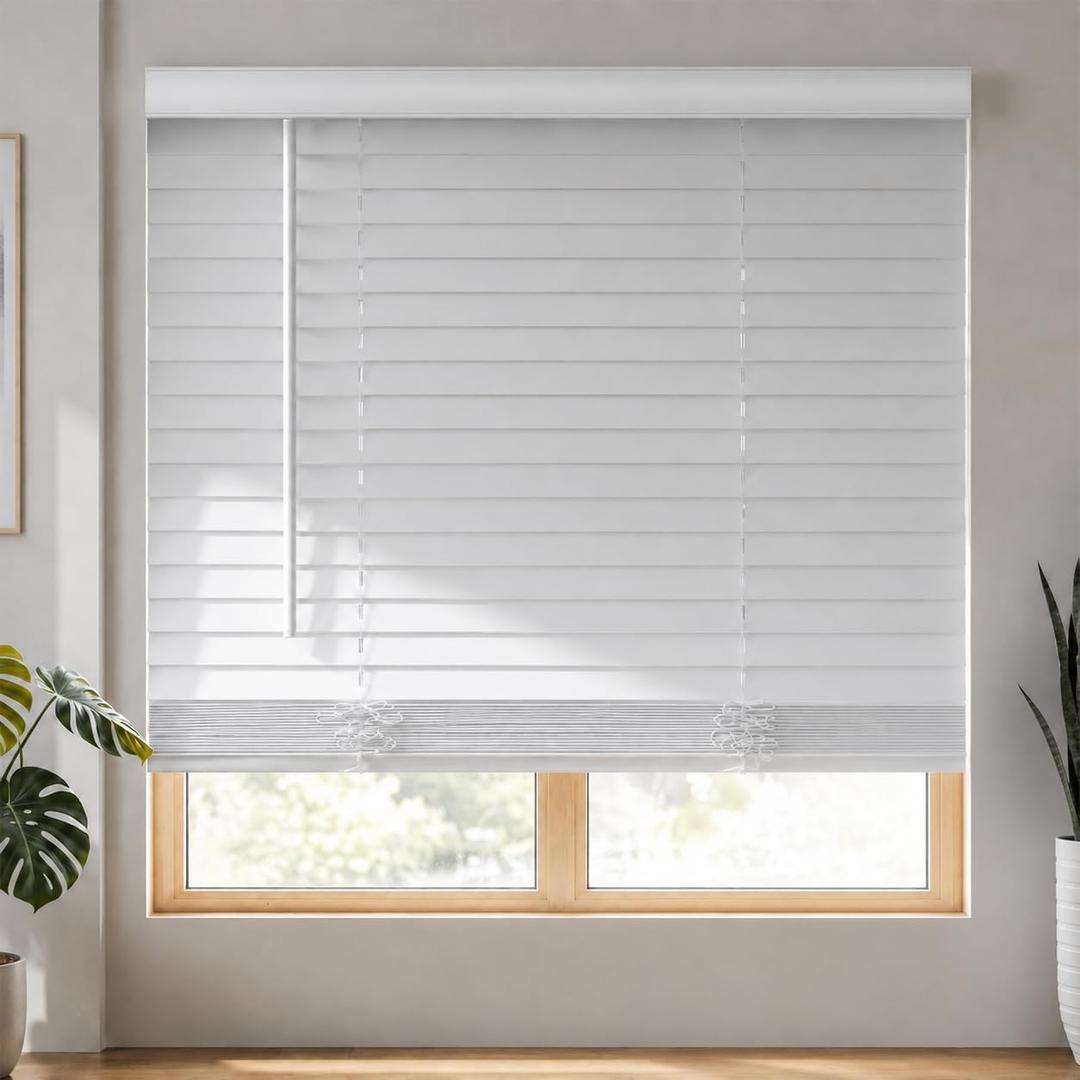 MYshade 2" Cordless Faux Wood Blinds, 61" W x 72" H, Slat Horizontal Blinds with Crown Valance, Room Darkening, Moisture Resistant, Window Blinds for Home Interior, White