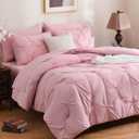 DOWNCOOL 7 Pieces Pink Full Size Comforter Sets, Pintuck Pinch Pleat Bed in a Bag, Soft Microfiber All Season Bedding Set for Bedroom with Sheets, Pillowcases & Shams