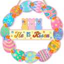 Pink Happy Easter Wreaths for Front Door Peeps Decorations for home Sign Easter Eggs Decor Wooden Wall Decor for Home Office Bathroom Bedroom Living Room Door Wall Party Supplies 10x10x0.12 inches (Risen3)
