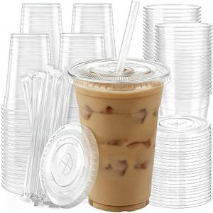 100 Pack 16 oz Plastic Cups with Lids and Straws, Clear Disposable Plastic Cups, Heavy Duty Iced Coffee Cups with Leak-Resistant Lids, Cold Drink Cups for Juice, Coffee and Milk Tea & Party To Go