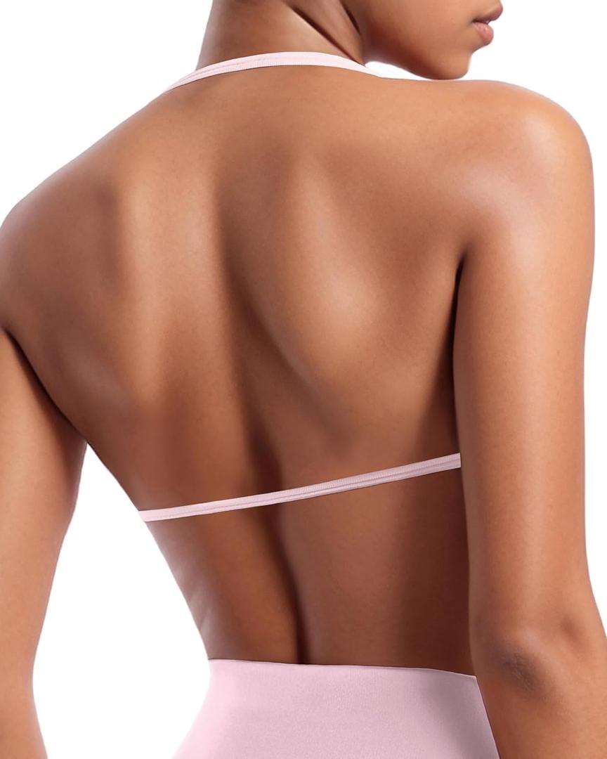 OMKAGI Halter Sports Bras for Women Padded Strappy Bra Open Back Workout Gym Crop (Small, Baby Powder)