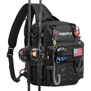 Piscifun Fishing Tackle Backpack, Convertible Sling or Waist Pack, 16-Pocket Storage Gear Bag with 2 Rod Holders & Rain Cover