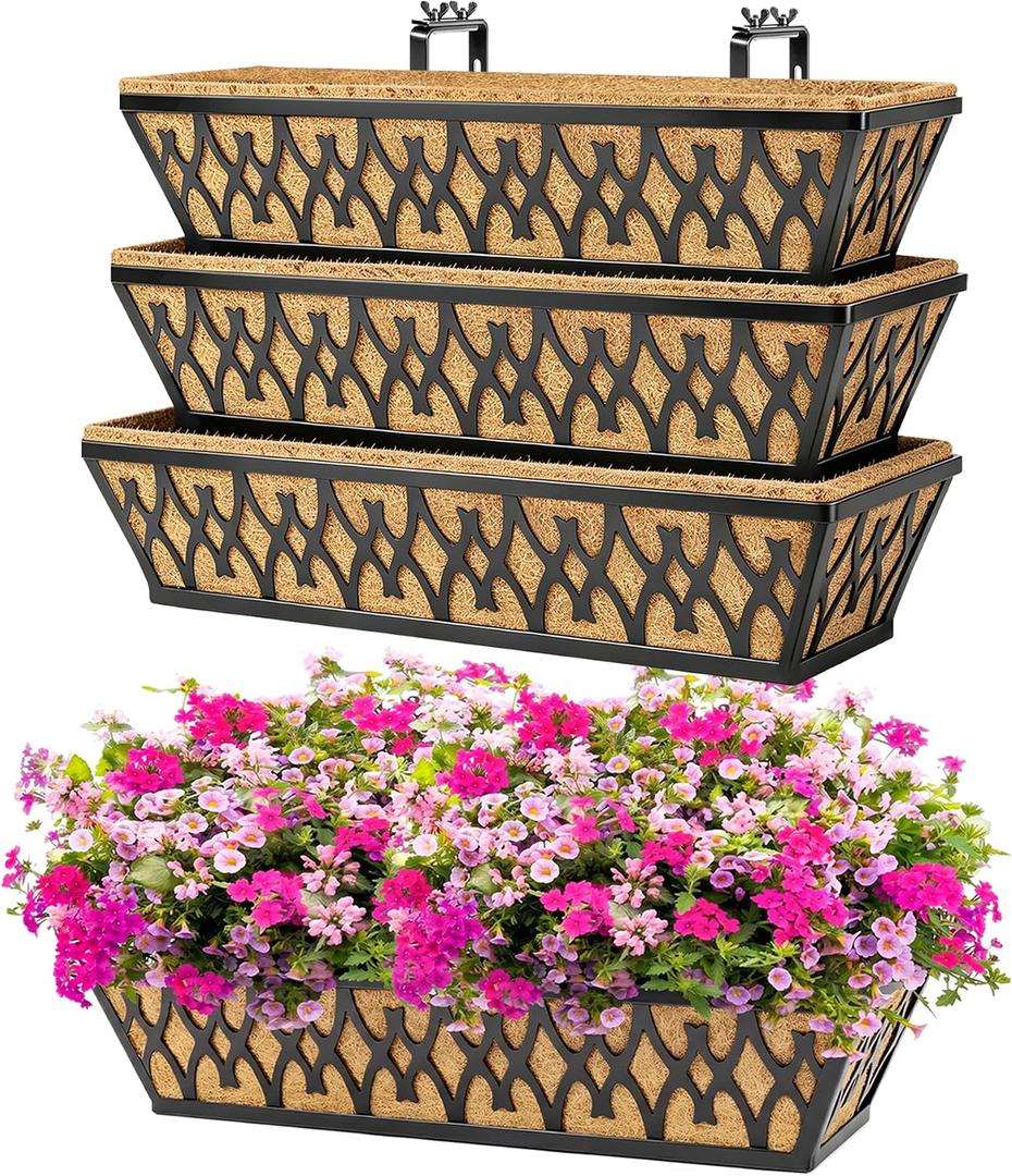 4 Pack 24 Inch Window Boxes Planters for Outdoor Plants Railing Planter Box with Adjustable Brackets for Windowsill Porch Fence Patio Hanging Flower Coco Baskets for Outside Decoration - Black