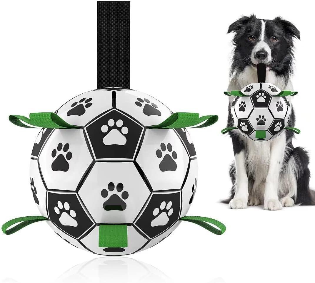 QDAN Premium Dog Toys Balls, Dog Soccer Ball with Straps, Dog Birthday Gifts, Herding Ball, Durable Balls for Small Medium Pet, Puppy Outdoor Toy, Pet Training Soccer Ball, World Cup Soccer (6 Inch) (Medium Size 2, Dark Green)