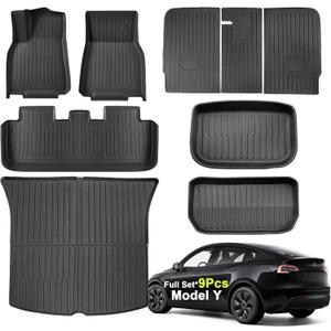 SUPER LINER Tesla Model Y Floor Mats 2025 2021-2024 | Custom Fit All-Weather 9-Piece Set TPE Material| Back Seat Protector,Cargo Liner, Trunk & Interior Accessories(Not Fit 7Seat & Juniper)