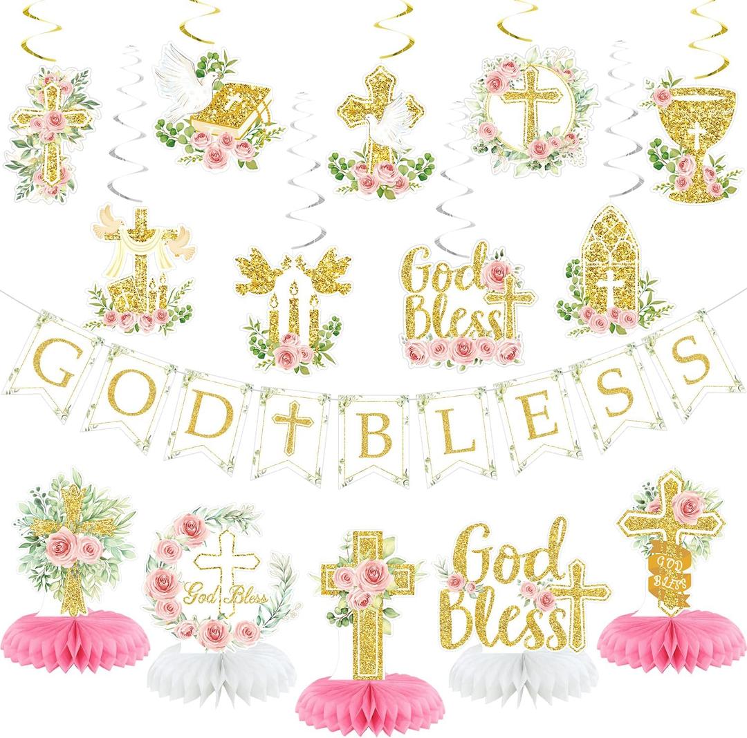 Pink Baptism Decorations, Glitter God Bless Banner Hanging Swirls Honeycomb Centerpieces for Baby Shower Birthday First Communion, Baptism Party Supplies