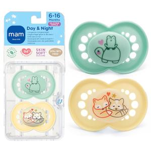 MAM Original Baby Pacifiers 16+ Months, Binky for Newborn Babies, BPA-Free Skin Soft Silicone Nipple, Glows in The Dark, Developed with Medical Experts, 2 Count, Sterilizer Case, Made in Europe (Butter Yellow/ Pale mint)