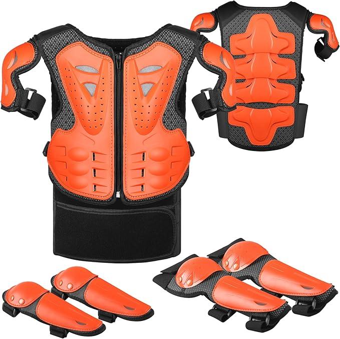 Youth Dirt Bike Gear, JUSTDOLIFE 5 PCS Motorcycle Armbor Protection Jacket, Kids Motorcycle Armor with Knee Pads Elbow Pads Chest Protector Racing for Outdoor Sports, Orange 