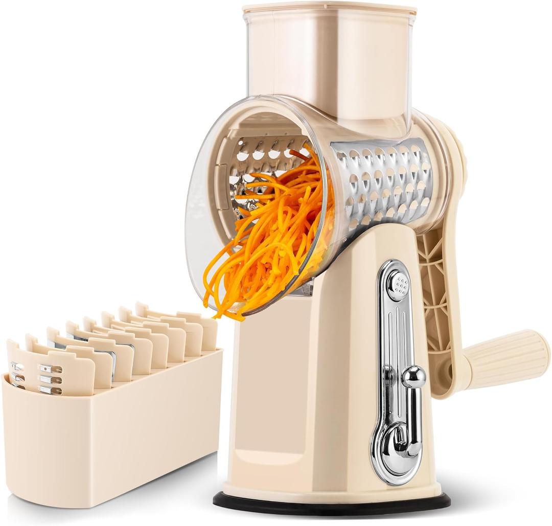 SUSTEAS Rotary Cheese Grater with Handle - Vegetable Shredder with 5 Well-designed Blades & Strong Suction Base,Round Mandoline Slicer & Food Chopper for Kitchen,with Blade Storage Box(Beige)