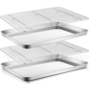 Stainless Steel Baking Sheet with Rack Set, E-far 16x12 Cookie Sheet Pan for Oven, Rimmed Metal Tray with Wire Cooling Rack for Cooking Roasting Resting Bacon Meat Steak - Dishwasher Safe