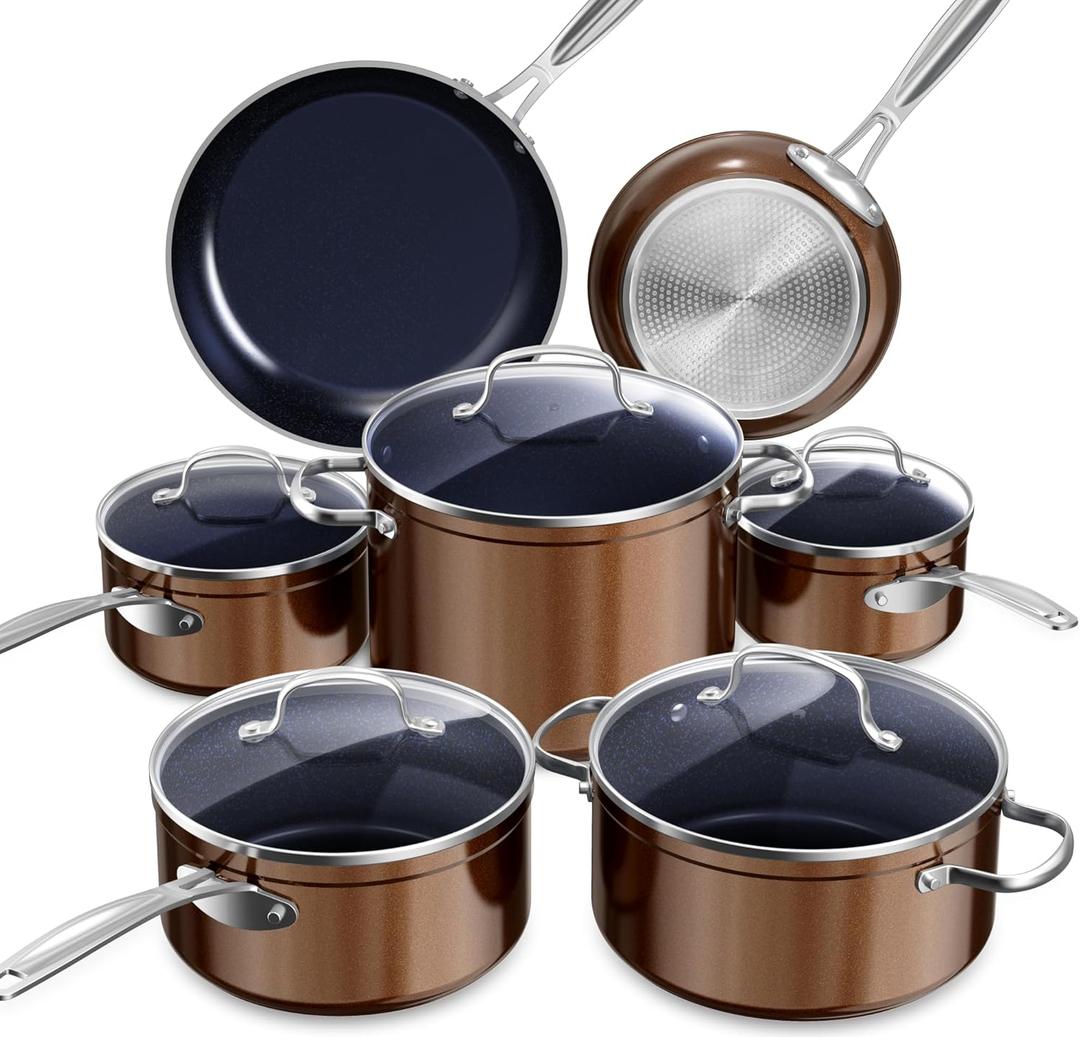Nuwave Healthy Duralon Blue Ceramic Nonstick Cookware Set, Diamond Infused Scratch-Resistant, PFAS Free, Dishwasher & Oven Safe, Induction Ready & Evenly Heats, Tempered Glass Lids & Stay-Cool Handles (12pc Cookware Set, Metallic Mocha Brown)