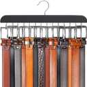 Belt Hanger for Closet Max 42 Belts, Sturdy Wood Belt Rack Closet Accessories with 14 Hooks Belt Organizer for Closet Organizers and Storage -Black 1 Pack