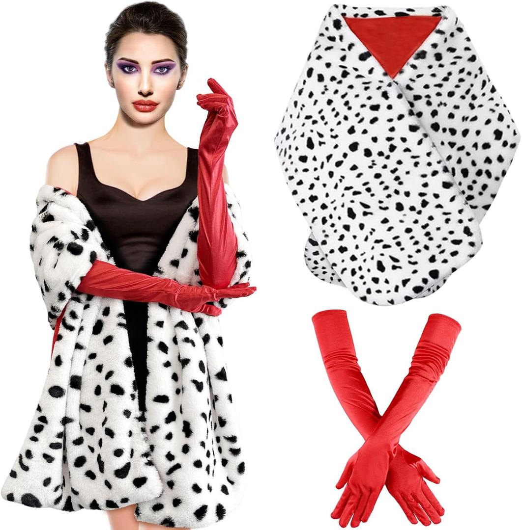 Halloween Costume Women, Halloween Costume for Women with Dalmatian Shawl Coat, 1920s Red Gloves and Long Plastic Holder