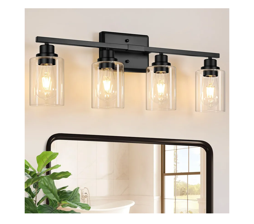 4Light Bathroom Light Fixtures, Matte Black Modern Vanity Lights Over Mirror with Clear Glass Shade, Bathroom Wall Lamp for Mirror Kitchen Living Room Hallway Cabinet Porch Bedroom Reading room
