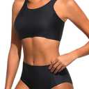 Tempt Me Women Two Piece High Waisted Bikini Set Sporty Swimsuits Bathing Suit with Bottom for Teen Girls (Small, Black)
