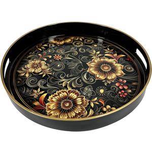 Plastic Coffee Trays,Serving Tray,Bohemian Round Tray,13" Dx 1.57" H,Lightweight and Non-Slip with Handles,Perfect for Restaurants,Cafs,and Home Use (Round)