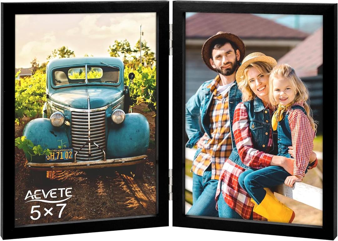 AEVETE 5x7 Picture Frames Double Hinged Wood Folding Photo Frames Vertical with Plexiglass Front, Black