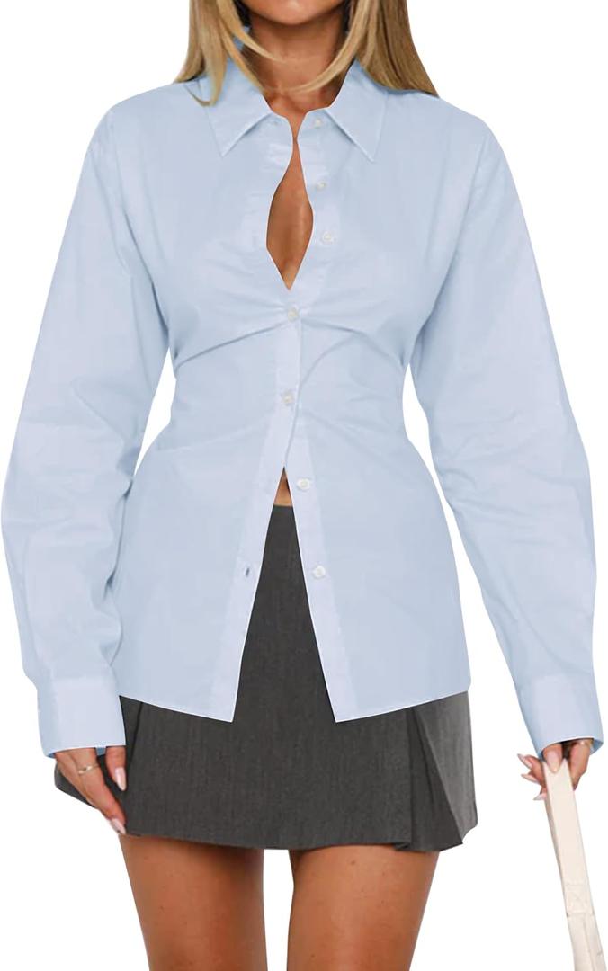 Women Long Sleeve Button Down Shirt Tie Back Cinched Waist Lapel Collar Corset Blouse Work Casual Dressy Tunic Shirt (Large, Sky Blue)