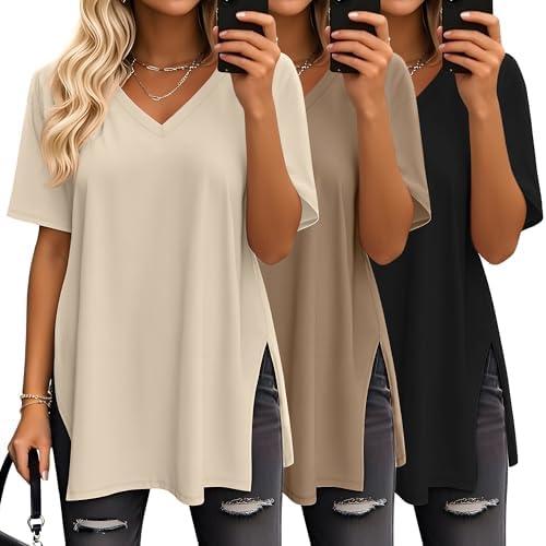 Huukeay 3 Pack Oversized Shirts for Women V Neck Workout T Shirt Casual Side Split Tee Short Sleeve Loose Tops Tunic Tops XL