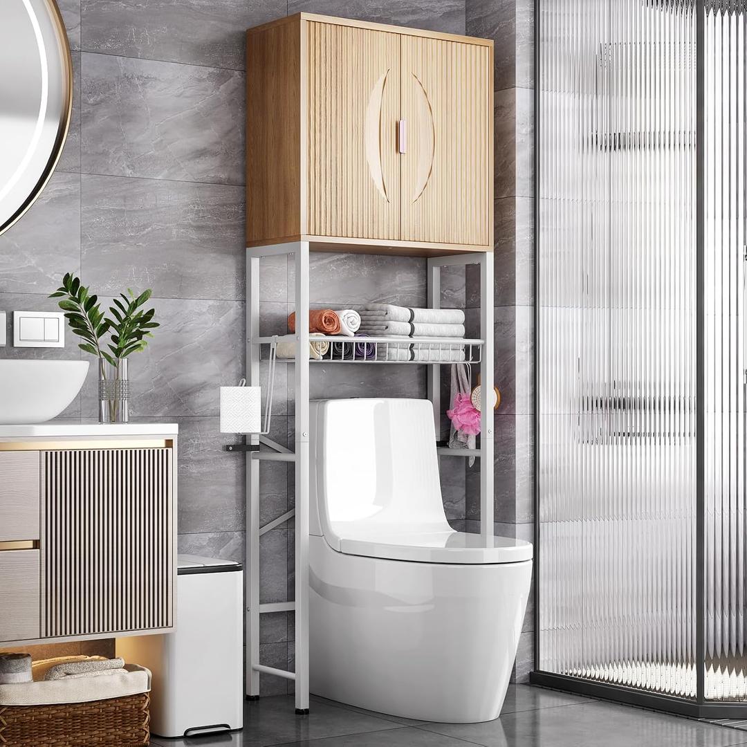 Kalrin Over The Toilet Storage Cabinet with Fluted Wave Doors and Adjustable Shelf, Wood Over Toilet Storage Rack with Drain Basket, Freestanding Bathroom Organizer for Balcony Laundry, Wood & White, 23.62 inches x 9.45 inches x 66.54 inches