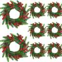8 Pcs 11 Inch Small Christmas Candle Rings Wreaths Mini Christmas Wreath Artificial Pine Red Berries Pine Cone Faux Candle Ring Holder for Xmas Table Centerpiece Cabinet Window Door Decor