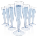 JOLLY CHEF 100 Pack Plastic Champagne Flutes Disposable 4.5 oz Blue Glitter Plastic Champagne Glasses Suitable for Wedding, Thanksgiving Day, Christmas