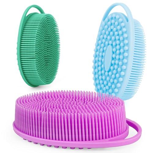 Soft Silicone Body Scrubber 3 PCS Silicone Body Shower, Silicone Loofah 2 in 4 Bath and Shampoo Brush, Body Scrubber Shower Cleaning Exfoliating Use for Sensitive Skin, Lather Well, Blue,Green,Purple