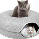 Light Gray Large Size Cat Tunnel Bed, Scratch-Resistant with Soft Detachable Felt Interior, Hand Washable 3-in-1 Self-Warming Cat Bed for Multiple Indoor Cats up to 30 lbs.