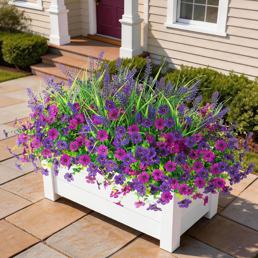 INQCMY Artificial Flowers for Outdoors Spring Summe 14 Bunches UV Resistant Silk Fake Plants Outside Indoor Lavender Ferns for Home Decor Patio Garden Back Yard Front Porch (Double Purple+Lavender)