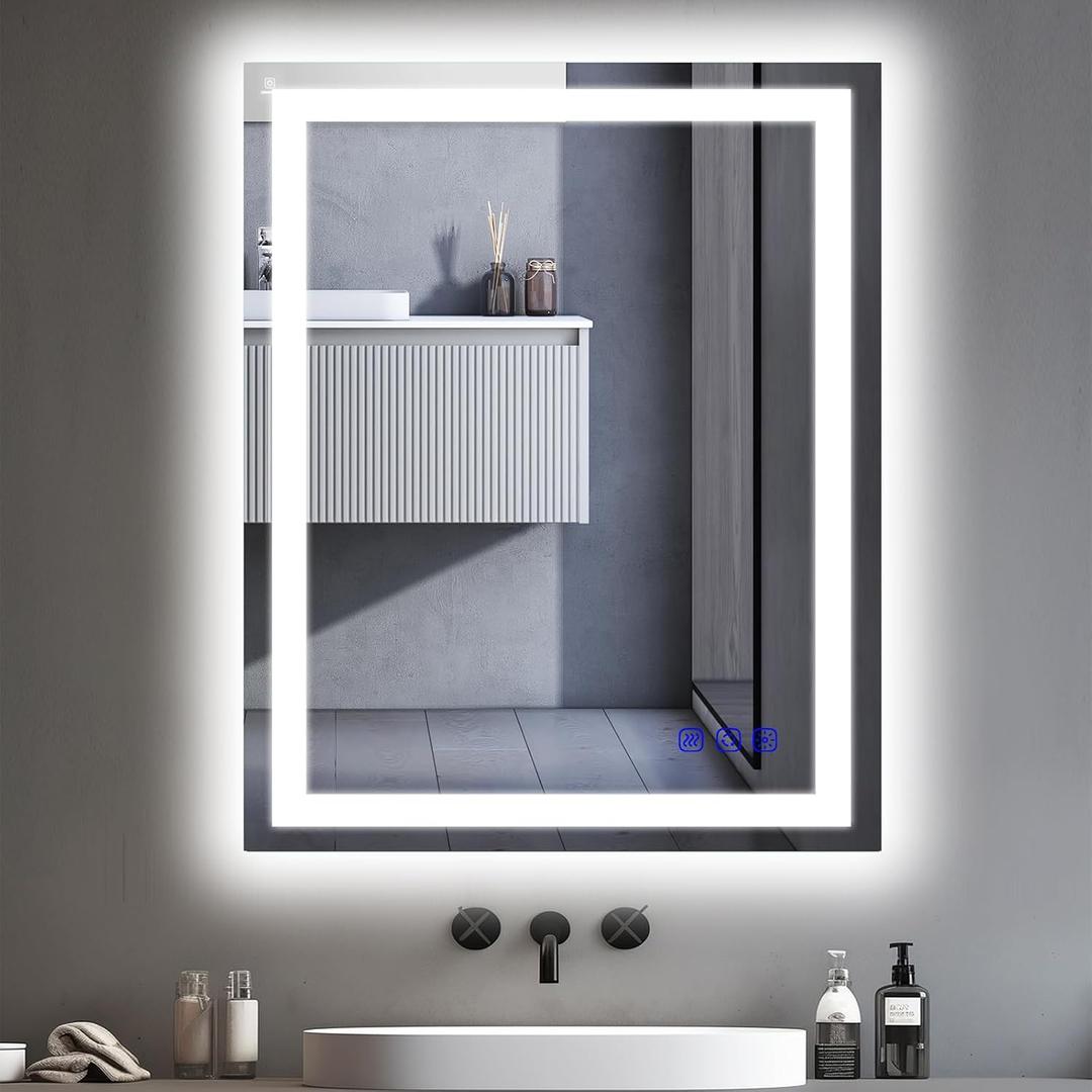 32"x24" LED Bathroom Mirror with Lights Smart Front & Backlit Vanity Mirror,Double Light bar Wall-Mounted Design,Adjustable Warm White/Natural/Daylight,Anti-Fog,Shatterproof,Memory Function