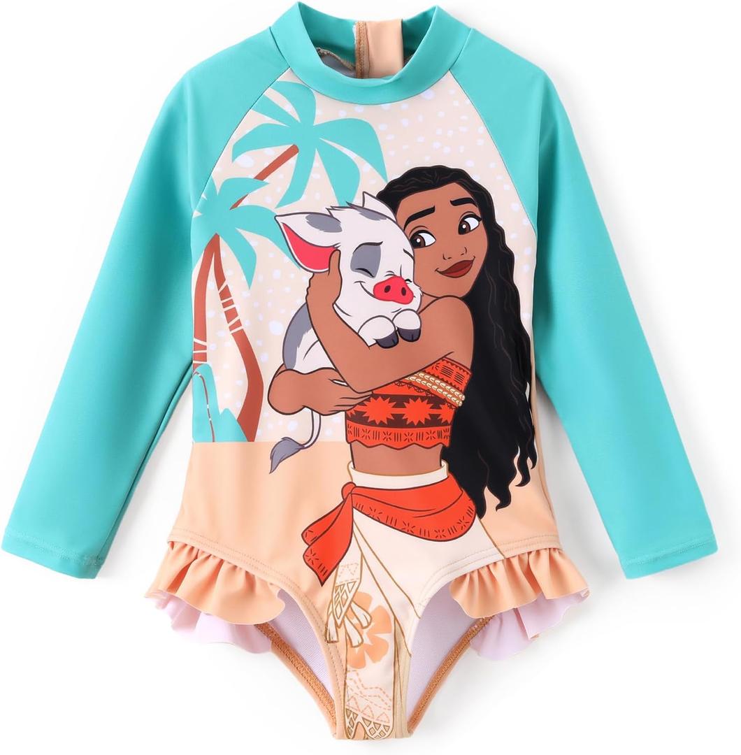 Disney Princess Frozen Elsa Minnie Stitch One Piece Swimsuit Rashguard Bathing Suit UPF 50+Toddler Girl Long Sleeve Swimwear (6 Years, Disney Moana-turquoise)
