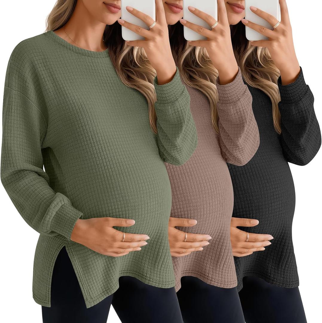 3 Pack Women's Maternity Shirts Long Sleeve Waffle Knit Side Split Oversized Tops Pregnancy Clothes Fall Tees (Army Green, Coffee, Black, Small)
