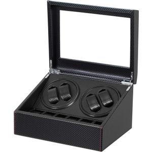 LLS Automatic Watch Winder with 4 Quiet Running Motor Watch Winding Display+ 6 Flexible Watch Pillows Luxury Fiber Leather Storage Case for Man/Woman's Watches