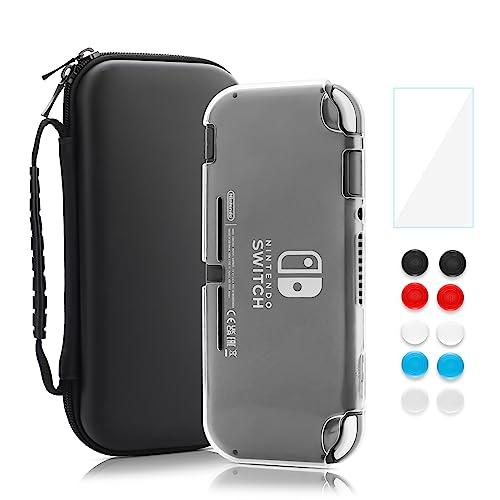 RHOTALL Carrying Case for Nintendo Switch Lite,Shockproof Portable Accessories Bundle Travel Bag,TPU Case Cover with Screen Protector,10 Thumb Grips (Black)