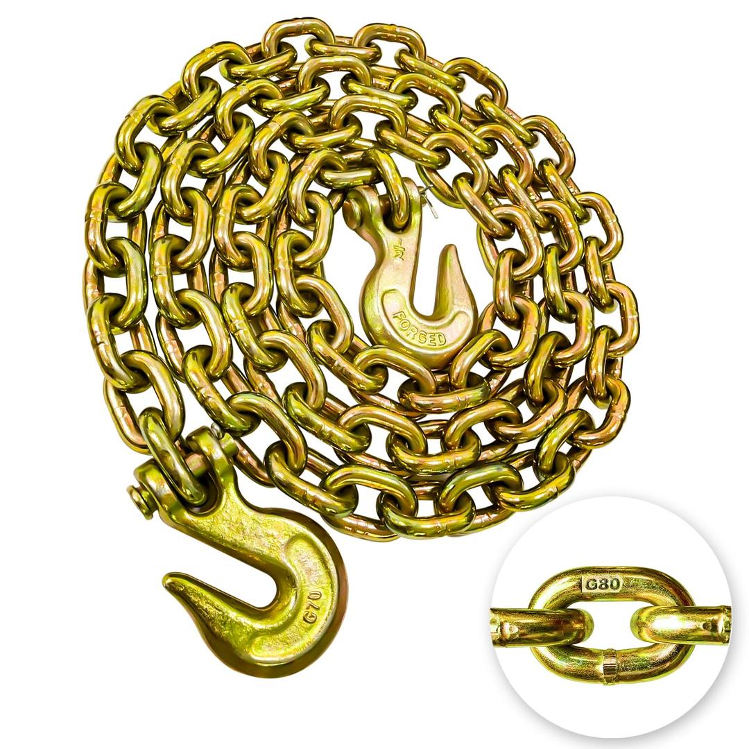 G80 Transport Binder Chain 1/2 Inch x 10 Foot Safety/Binder Chain with Clevis Grab Hooks 12,000 lbs Safe Working Load Logging Chain for Transporting Towing Tie Down Binding Equipment