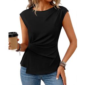 Womens Short Sleeve Tops Dressy Business Casual Crew Neck Peplum Shirts 2026 Summer Trendy Work Blouse (Black, M)