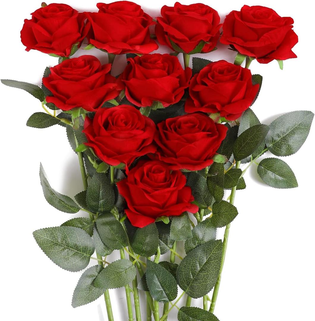 JUSTOYOU 10Pcs Artificial Roses Flowers, Realistic Blossom Roses, Real Touch Silk Rose, Single Fake Flower Long Stem Bouquets for Home Wedding Party Decoration (Red)