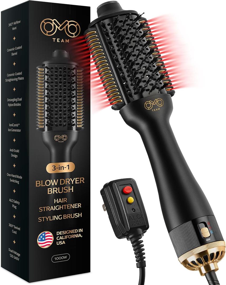 Blowout Brush Hair Dryer, Automatic Dual Voltage 3-in-1 Blow Drying Brush, Ionic Hair Straightener Comb w/No Heat Damage, Light 1.3lb Blowout Tool, Blow Dryer Curling Wand, Hot Air Styler for All Type