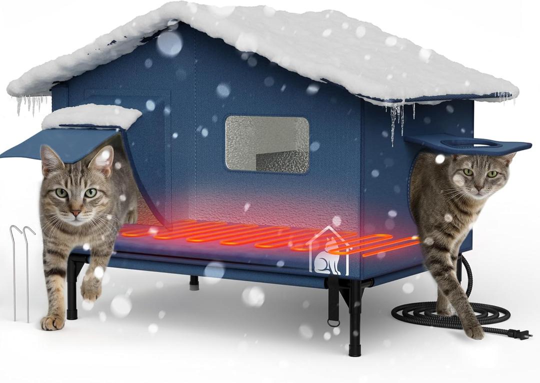 Extra-Wide Heated Cat House for Outdoor Use, Waterproof Insulated Shelter for Winter with Escape Exit, Spacious 23.5"  21"  16", Safe Heated Bed, Foldable, Connects to Feeding Station  Blue