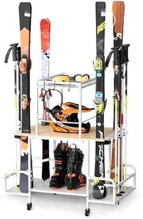 bimiti Freestanding Ski Rack for Garage, 2-Tier Ski Organizer with Storage for 4 Pairs of Skis, Boots, Poles, Goggles & Helmet, Space-Saving Ski Storage Rack for Home