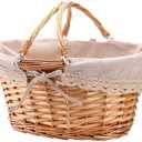 Peohud Wicker Picnic Basket, Woven Empty Easter Basket for Gifts, Picnic Hamper with Double Folding Handles, Willow Garden Harvest Basket with Linen for Candy, Egg Gathering, Toys, Wedding