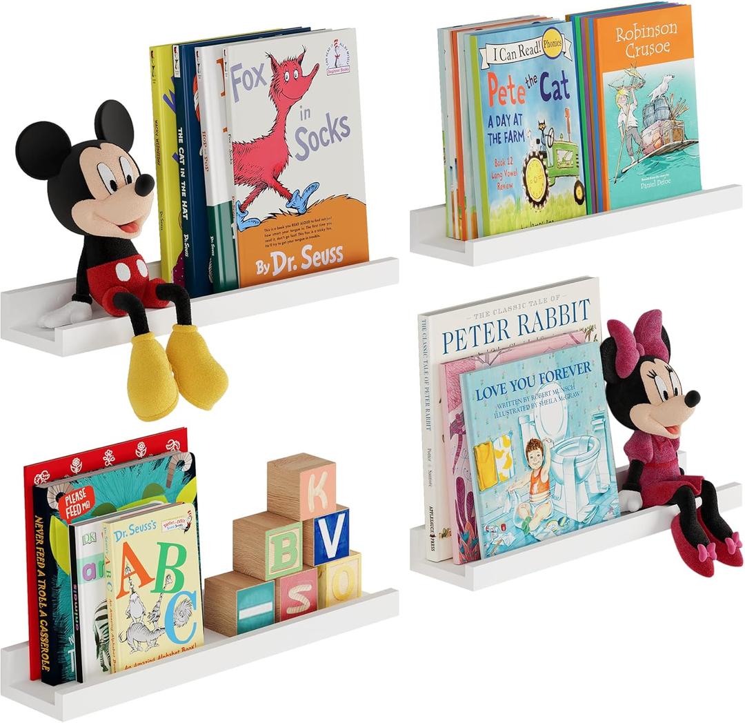 Wallniture Denver Floating Shelves for Kids Room Decor, White Wall Bookshelf for Picture Frames, Kids Room Shelves, Wall Shelf, Set of 4