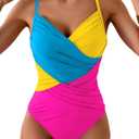 B2prity One Piece Swimsuit Tummy Control Criss Cross Bathing Suit Slimming Ruched Swim Suit Push Up V Neck Swimwear (Large, Blue Yellow Pink)