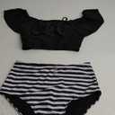Kaei&Shi High Waisted Flounce Bikini Set,Tummy Control Swimsuits for Women,Off Shoulder (X-Small, Black Stripe)