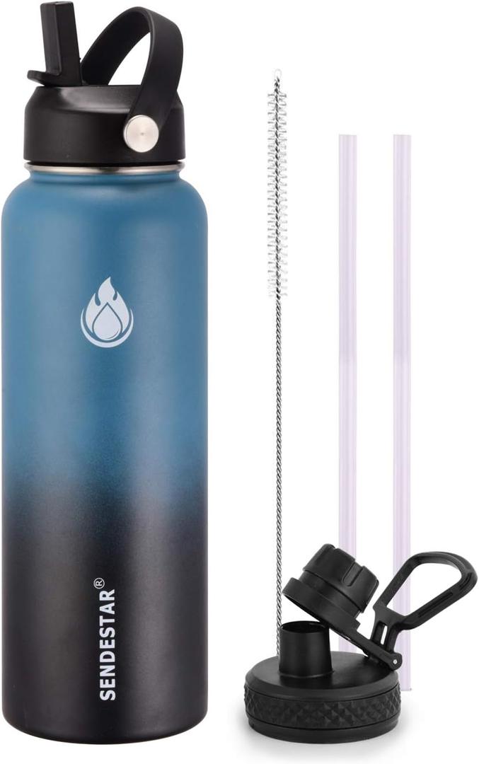 SENDESTAR Water Bottle 32oz Double Wall Vacuum Insulated Leak Proof Stainless Steel Sports Water BottleWide Mouth with New Flex Straw Lid & Spout Lid (Deep Blue&Black)