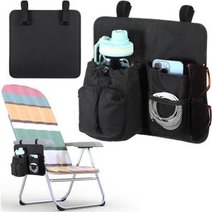 Beach Chair Cup Holder Attachment Nylon Chair Drink Holder Phone Water Bottle Holder Organizer 4 Pockets with 2 Self Adhesive Strap for Patio Lounger, Foldable Camping Chair(Black)