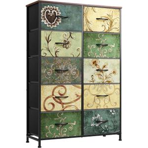 WLIVE Tall Dresser for Bedroom with 10 Fabric Drawers, Floral Painted | 10 Drawers, Fabric Dresser for Closet, Storage Tower with Cabinet, Metal Frame