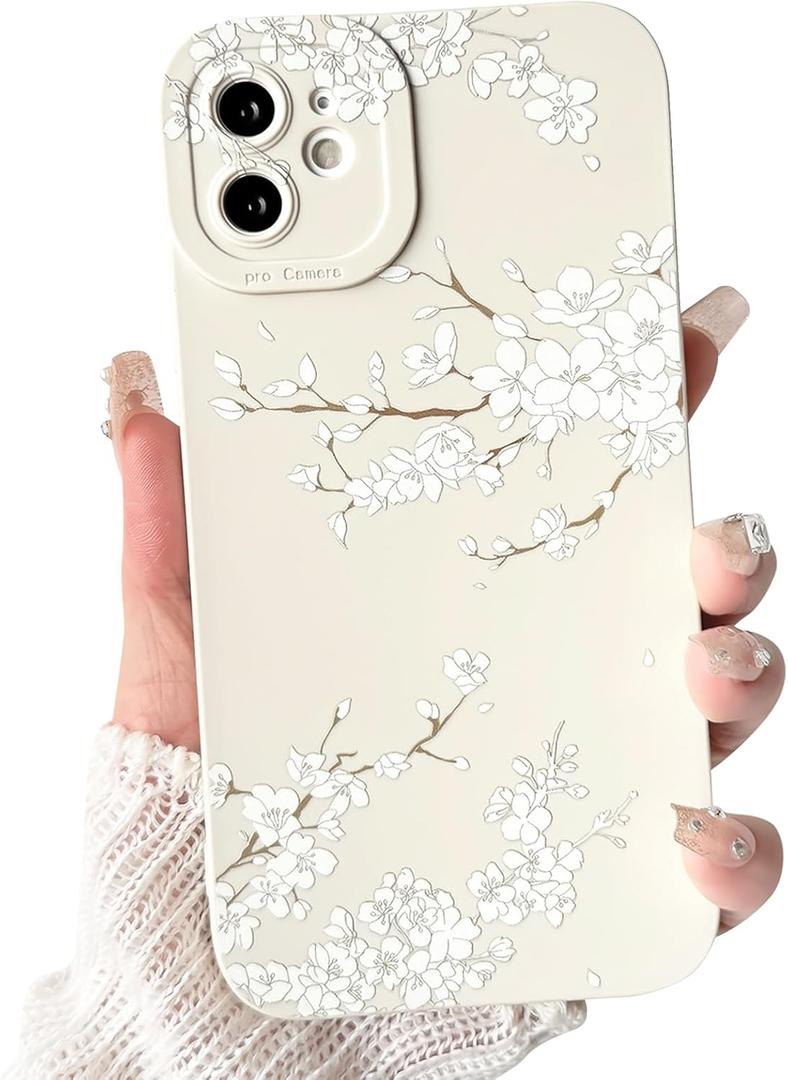 NITITOP Compatible with iPhone 12 Case Cute Aesthetic Cherry Blossom Pattern Design for Women Girls Soft TPU Shockproof Full Camera Protective Phone Cover - White